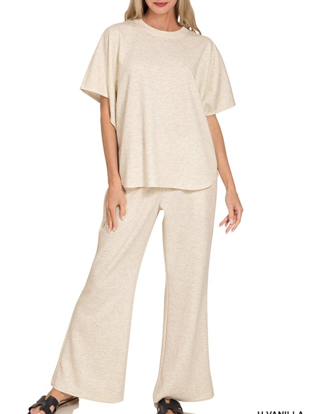 Scuba Curved Hem Top & Pants Set in Heather Vanilla